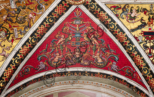 The Piccolomini Library, the vault, south-east wall: the segment over the sixth story, frescoes attributed to Girolamo del Pacchia, Giacomo Pacchiarotto and Littifredi Corbizi. The decoration is inspired by the Domus Aurea and the motif of the ancient grotesques. The general scheme of the vault is probably due to Bernardino di Betto, known as Pinturicchio.