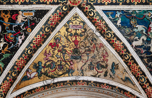 The Piccolomini Library, the vault, south-east wall: the segment over the eighth story, frescoes attributed to Girolamo del Pacchia, Giacomo Pacchiarotto and Littifredi Corbizi. The decoration is inspired by the Domus Aurea and the motif of the ancient grotesques. The general scheme of the vault is probably due to Bernardino di Betto, known as Pinturicchio.