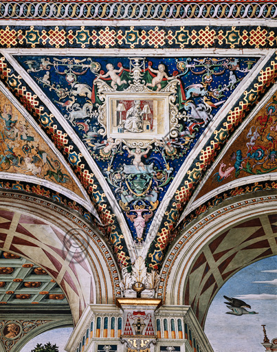 The Piccolomini Library, the vault: spandrel above the north-east wall between the second and the third story, frescoes attributed to Girolamo del Pacchia, Giacomo Pacchiarotto and Littifredi Corbizi. The decoration is inspired by the Domus Aurea and the motif of the ancient grotesques. The general scheme of the vault is probably due to Bernardino di Betto, known as Pinturicchio. At the centre grisaille with  a bishop saint in his study.