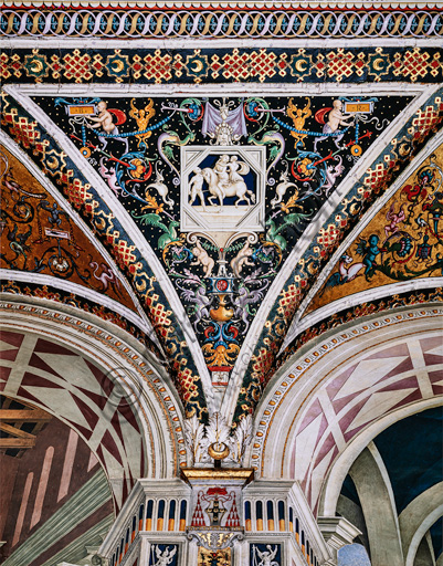 The Piccolomini Library, the vault: spandrel above the south - west wall between the seventh and the eighth story, frescoes attributed to Girolamo del Pacchia, Giacomo Pacchiarotto and Littifredi Corbizi. The decoration is inspired by the Domus Aurea and the motif of the ancient grotesques. The general scheme of the vault is probably due to Bernardino di Betto, known as Pinturicchio. At the centre grisaille with two young damsels restrained by an armed man.