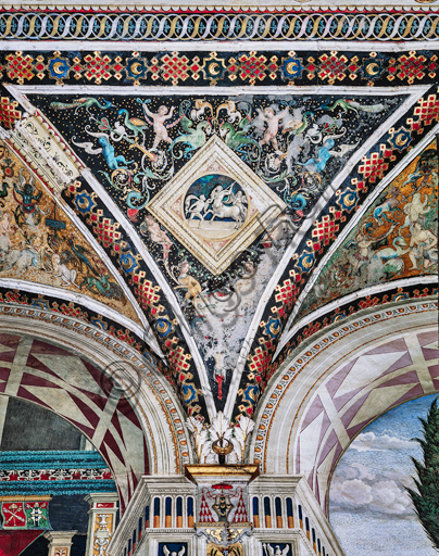 The Piccolomini Library, the vault: spandrel above the south - west wall between  the ninth and the tenth story, frescoes attributed to Girolamo del Pacchia, Giacomo Pacchiarotto and Littifredi Corbizi. The decoration is inspired by the Domus Aurea and the motif of the ancient grotesques. The general scheme of the vault is probably due to Bernardino di Betto, known as Pinturicchio. At the centre grisaille with combat between a warrior and centaur.