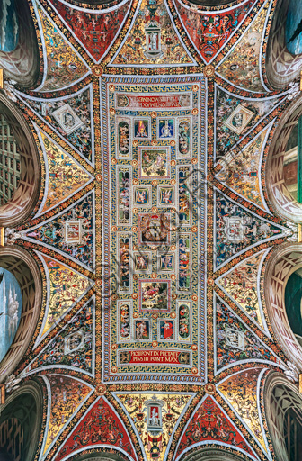 The Piccolomini Library, the vault: overall view of the vault, frescoes attributed to Girolamo del Pacchia, Giacomo Pacchiarotto and Littifredi Corbizi. The decoration is inspired by the Domus Aurea and the motif of the ancient grotesques.