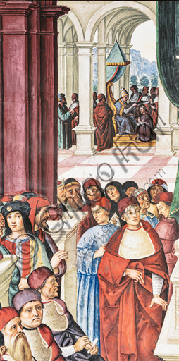 The Piccolomini Library, north east wall: “Aeneas Sylvius makes an act of submission to Pope Eugenius IV, February 7, 1447 ”, the fourth one of the ten stories about Aeneas Sylvius Piccolomini, future Pope Pius II, (1503 - 1508), fresco  by Bernardino di Betto, known as Pinturicchio. Detail with  onlookers in the foreground  and the pope imposing the bishop’s galerus to Aeneas Sylvius in the background.