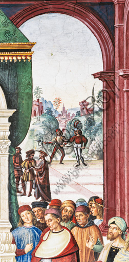 The Piccolomini Library, north east wall: “Aeneas Sylvius makes an act of submission to Pope Eugenius IV, February 7, 1447 ”, the fourth one of the ten stories about Aeneas Sylvius Piccolomini, future Pope Pius II, (1503 - 1508), fresco  by Bernardino di Betto, known as Pinturicchio. Detail with  onlookers in the foreground  and two halabardiers in the background.