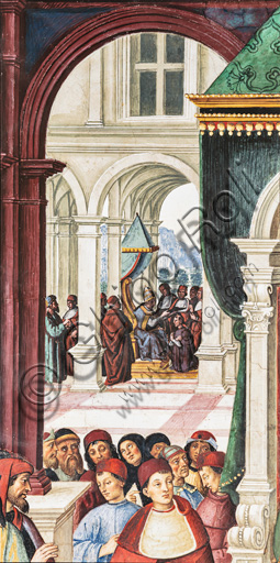 The Piccolomini Library, north east wall: “Aeneas Sylvius makes an act of submission to Pope Eugenius IV, February 7, 1447 ”, the fourth one of the ten stories about Aeneas Sylvius Piccolomini, future Pope Pius II, (1503 - 1508), fresco  by Bernardino di Betto, known as Pinturicchio. Detail with  onlookers in the foreground  and the pope imposing the bishop’s galerus to Aeneas Sylvius in the background.