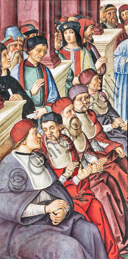 Libreria Piccolomini, parete nord-est: “Enea Silvio fa atto di sottomissione davanti al Papa Eugenio IV, 7 febbraio 1447”, la quarta delle dieci storie riguardanti Enea Silvio Piccolomini, futuro papa Pio II, (1503 - 1508), affresco di Bernardino di Betto, detto il Pinturicchio. Particolare di cardinali assisi.