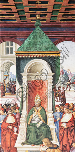 The Piccolomini Library, north east wall: “Aeneas Sylvius makes an act of submission to Pope Eugenius IV, February 7, 1447 ”, the fourth one of the ten stories about Aeneas Sylvius Piccolomini, future Pope Pius II, (1503 - 1508), fresco  by Bernardino di Betto, known as Pinturicchio. Detail with Aeneas Sylvius kissing the foot of Eugenius IV.