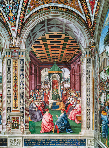 Libreria Piccolomini, parete nord-est: “Enea Silvio fa atto di sottomissione davanti al Papa Eugenio IV, 7 febbraio 1447”, la quarta delle dieci storie riguardanti Enea Silvio Piccolomini, futuro papa Pio II, (1503 - 1508), affresco di Bernardino di Betto, detto il Pinturicchio.