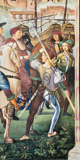The Piccolomini Library,  north-east wall: “Aeneas Sylvius journeys to the Council of Basel, winter 1432”, the first one of the ten stories about Aeneas Sylvius Piccolomini, future Pope Pius II, (1503 - 1508), fresco  by Bernardino di Betto, known as Pinturicchio. Detail with a halabardier and a mounted cardinal.
