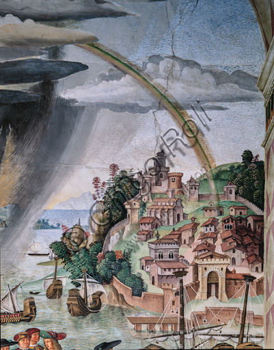 The Piccolomini Library,  north-east wall: “Aeneas Sylvius journeys to the Council of Basel, winter 1432”, the first one of the ten stories about Aeneas Sylvius Piccolomini, future Pope Pius II, (1503 - 1508), fresco  by Bernardino di Betto, known as Pinturicchio. Detail of coastal landscape with a fortified harbour and sailing ships at anchor.