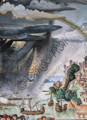 The Piccolomini Library,  north-east wall: “Aeneas Sylvius journeys to the Council of Basel, winter 1432”, the first one of the ten stories about Aeneas Sylvius Piccolomini, future Pope Pius II, (1503 - 1508), fresco  by Bernardino di Betto, known as Pinturicchio. Detail of coastal landscape and stormy sky.