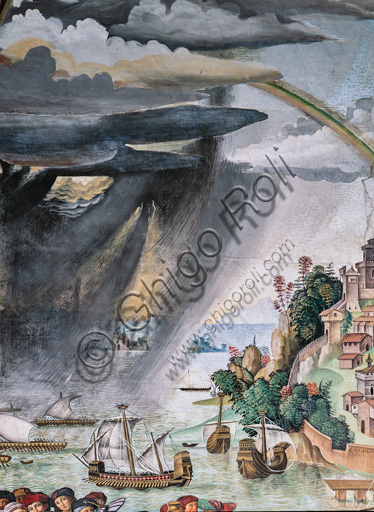 Libreria Piccolomini,  parete nord- est: “Enea Silvio in viaggio per il Concilio di Basilea, inverno 1432”, la prima delle  dieci storie riguardanti Enea Silvio Piccolomini, futuro papa Pio II, (1503 - 1508), affresco di Bernardino di Betto, detto il Pinturicchio. Dettaglio di paesaggio costiero con cielo in tempesta.