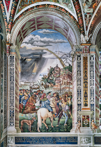 The Piccolomini Library, north east wall: “Aeneas Sylvius journeys to the Council of Basel, winter 1432”, the first one of the ten stories about Aeneas Sylvius Piccolomini, future Pope Pius II, (1503 - 1508), fresco  by Bernardino di Betto, known as Pinturicchio.