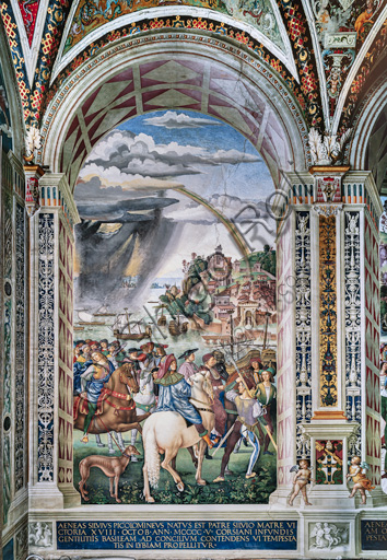  Libreria Piccolomini, parete nord-est: “Enea Silvio in viaggio per il Concilio di Basilea, inverno 1432”, la prima delle dieci storie riguardanti Enea Silvio Piccolomini, futuro papa Pio II, (1503 - 1508), affresco di Bernardino di Betto, detto il Pinturicchio.