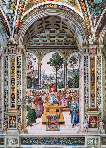 The Piccolomini Library, north east wall: “Aeneas Sylvius delivers an oration before King James I of Scotland, winter 1435”, the second one of the ten stories about Aeneas Sylvius Piccolomini, future Pope Pius II, (1503 - 1508), fresco  by Bernardino di Betto, known as Pinturicchio.