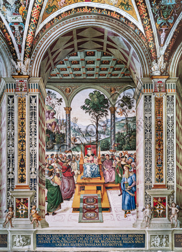 Libreria Piccolomini, parete nord-est: “Enea Silvio pronuncia un’orazione davanti al re Giacomo I di Scozia (inverno 1435)”, la seconda delle dieci storie riguardanti Enea Silvio Piccolomini, futuro papa Pio II, (1503 - 1508), affresco di Bernardino di Betto, detto il Pinturicchio.