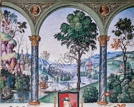 The Piccolomini Library, north east wall: “Aeneas Sylvius delivers an oration before King James I of Scotland, winter 1435”, the second one of the ten stories about Aeneas Sylvius Piccolomini, future Pope Pius II, (1503 - 1508), fresco  by Bernardino di Betto, known as Pinturicchio. Detail of landscape with lake seen through the arches of the loggia and detail of the turreted fortress on the left.