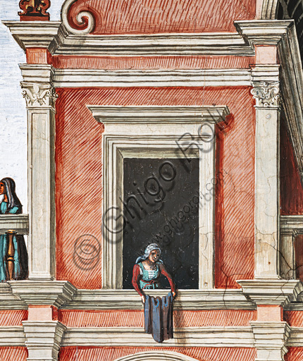 The Piccolomini Library, north east wall: “Aeneas Sylvius is crowned poet laureate by the Emperor Frrederick III, July 27, 1442 ”, the third one of the ten stories about Aeneas Sylvius Piccolomini, future Pope Pius II, (1503 - 1508), fresco  by Bernardino di Betto, known as Pinturicchio. Detail with a genre scene at the wind of the palace in the background: woman hanging out clothes.