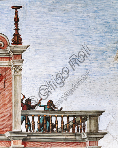 The Piccolomini Library, north east wall: “Aeneas Sylvius is crowned poet laureate by the Emperor Frrederick III, July 27, 1442 ”, the third one of the ten stories about Aeneas Sylvius Piccolomini, future Pope Pius II, (1503 - 1508), fresco  by Bernardino di Betto, known as Pinturicchio. Detail with a genre scene on the balcony of the palace in the background: man attacking a woman.