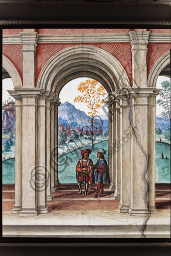 The Piccolomini Library, north east wall: “Aeneas Sylvius is crowned poet laureate by the Emperor Frrederick III, July 27, 1442 ”, the third one of the ten stories about Aeneas Sylvius Piccolomini, future Pope Pius II, (1503 - 1508), fresco  by Bernardino di Betto, known as Pinturicchio. Detail with a genre scene inside the loggia of the palace in the background.