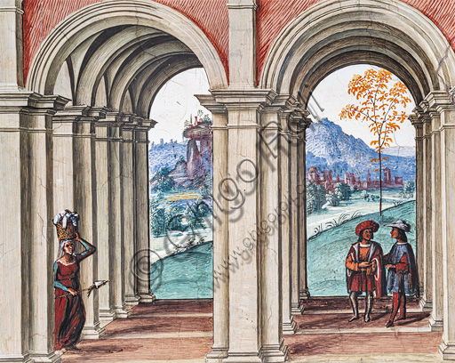 The Piccolomini Library, north east wall: “Aeneas Sylvius is crowned poet laureate by the Emperor Frrederick III, July 27, 1442 ”, the third one of the ten stories about Aeneas Sylvius Piccolomini, future Pope Pius II, (1503 - 1508), fresco  by Bernardino di Betto, known as Pinturicchio. Detail with a genre scene inside the loggia of the palace in the background.