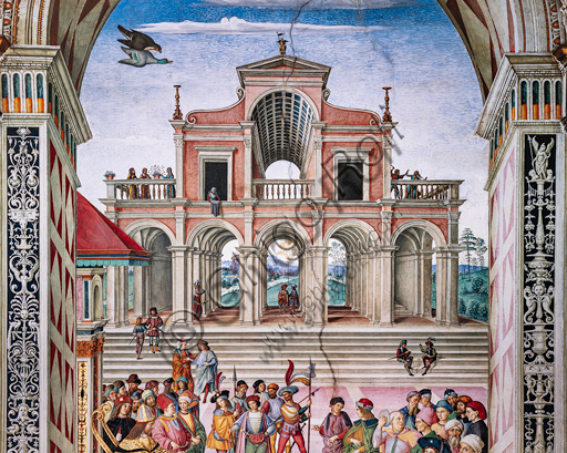 The Piccolomini Library, north east wall: “Aeneas Sylvius is crowned poet laureate by the Emperor Frrederick III, July 27, 1442 ”, the third one of the ten stories about Aeneas Sylvius Piccolomini, future Pope Pius II, (1503 - 1508), fresco  by Bernardino di Betto, known as Pinturicchio. Detail.
