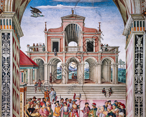 Libreria Piccolomini, parete nord-est: “Enea Silvio viene incoronato poeta dall’imperatore Federico III, 27 luglio 1442”, la terza delle dieci storie riguardanti Enea Silvio Piccolomini, futuro papa Pio II, (1503 - 1508), affresco di Bernardino di Betto, detto il Pinturicchio. Particolare.