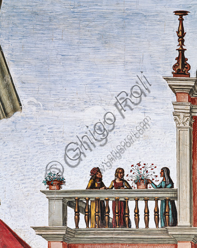 The Piccolomini Library, north east wall: “Aeneas Sylvius is crowned poet laureate by the Emperor Frrederick III, July 27, 1442 ”, the third one of the ten stories about Aeneas Sylvius Piccolomini, future Pope Pius II, (1503 - 1508), fresco  by Bernardino di Betto, known as Pinturicchio. Detail with a genre scene on the balcony of the palace in the background.