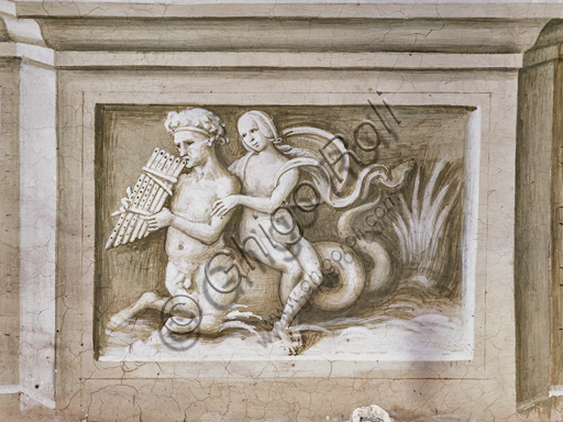 The Piccolomini Library, north-east wall: nereid riding a triton, grisaille below the pilaster between  the first scene and the second one concerning Enea Silvio Piccolomini.
