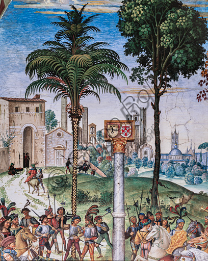 The Piccolomini Library, south east wall: “Aeneas Sylvius introduces Eleonora of Aragona to Frederick III, February 24, 1452 ”, the fifth one of the ten stories about Aeneas Sylvius Piccolomini, future Pope Pius II, (1503 - 1508), fresco  by Bernardino di Betto, known as Pinturicchio. Detail with armed men in the foreground. In the centre, the commemorative column with the coats of arms of the Habsburgs and Aragon. In the background, a view of Siena with the Duomo and Camollia Gate.