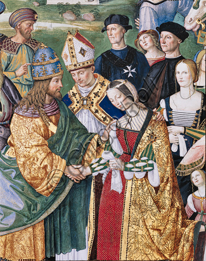 Libreria Piccolomini, parete sud-est: “Enea Silvio presenta Eleonora d’Aragona a Federico III, 24 febbraio 1452”, la quinta delle dieci storie riguardanti Enea Silvio Piccolomini, futuro papa Pio II, (1503 - 1508), affresco di Bernardino di Betto, detto il Pinturicchio. Particolare.