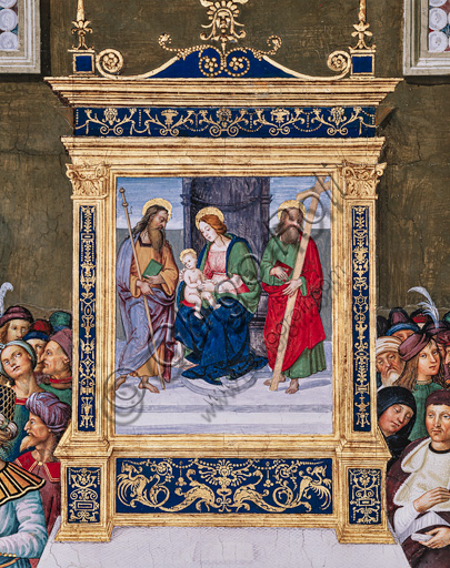 Libreria Piccolomini, parete sud-est: “Enea Silvio riceve il cappello cardinalizio da papa Callisto III, 17 dicembre 1456”, la sesta delle dieci storie riguardanti Enea Silvio Piccolomini, futuro papa Pio II, (1503 - 1508), affresco di Bernardino di Betto, detto il Pinturicchio. Particolare con pala d’altare con “Madonna col Bambino fra i santi Giacomo e Andrea”.