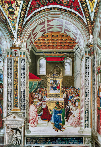 Libreria Piccolomini, parete sud-est: “Enea Silvio riceve il cappello cardinalizio da papa Callisto III, 17 dicembre 1456”, la sesta delle dieci storie riguardanti Enea Silvio Piccolomini, futuro papa Pio II, (1503 - 1508), affresco di Bernardino di Betto, detto il Pinturicchio.