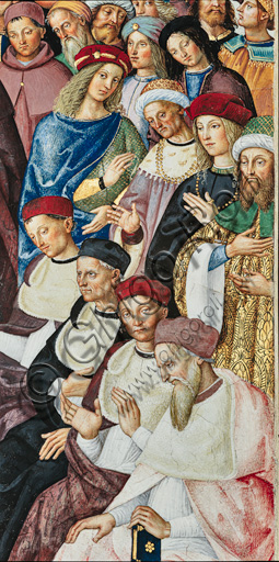 The Piccolomini Library, south east wall: “Aeneas Sylvius receives the Cardinal’s hat form Pope Calixtus III, December 17, 1456 ”, the sixth one of the ten stories about Aeneas Sylvius Piccolomini, future Pope Pius II, (1503 - 1508), fresco  by Bernardino di Betto, known as Pinturicchio. Detail with some cardinals and elegant onlookers.