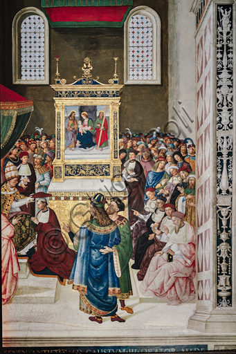 The Piccolomini Library, south east wall: “Aeneas Sylvius receives the Cardinal’s hat form Pope Calixtus III, December 17, 1456 ”, the sixth one of the ten stories about Aeneas Sylvius Piccolomini, future Pope Pius II, (1503 - 1508), fresco  by Bernardino di Betto, known as Pinturicchio. Detail.