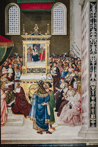 Libreria Piccolomini, parete sud-est: “Enea Silvio riceve il cappello cardinalizio da papa Callisto III, 17 dicembre 1456”, la sesta delle dieci storie riguardanti Enea Silvio Piccolomini, futuro papa Pio II, (1503 - 1508), affresco di Bernardino di Betto, detto il Pinturicchio. Particolare.