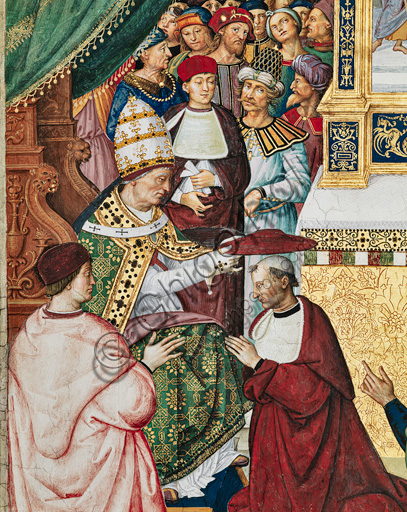 The Piccolomini Library, south east wall: “Aeneas Sylvius receives the Cardinal’s hat form Pope Calixtus III, December 17, 1456 ”, the sixth one of the ten stories about Aeneas Sylvius Piccolomini, future Pope Pius II, (1503 - 1508), fresco  by Bernardino di Betto, known as Pinturicchio. Detail.