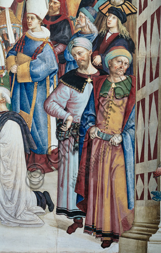 The Piccolomini Library, south west wall: “Aeneas Sylvius, elected pope with the name of Pius II, enters St. Peter’s, September 3, 1458”, the seventh one of the ten stories about Aeneas Sylvius Piccolomini, future Pope Pius II, (1503 - 1508), fresco  by Bernardino di Betto, known as Pinturicchio. Detail with two secular onlookers.