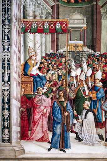 Libreria Piccolomini, parete sud-ovest: “Enea Silvio eletto pontefice col nome di Pio II, entra in San Pietro, 3 settembre 1458 ”, la settima delle dieci storie riguardanti Enea Silvio Piccolomini, futuro papa Pio II, (1503 - 1508), affresco di Bernardino di Betto, detto il Pinturicchio. Particolare.