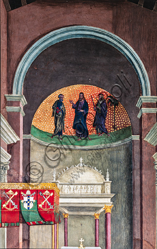 The Piccolomini Library, south west wall: “Aeneas Sylvius, elected pope with the name of Pius II, enters St. Peter’s, September 3, 1458”, the seventh one of the ten stories about Aeneas Sylvius Piccolomini, future Pope Pius II, (1503 - 1508), fresco  by Bernardino di Betto, known as Pinturicchio. Detail of the mosaic in the half dome of the apse in St. Peter’s, and the edge of the baldachin with the emblem of the Piccolomini and the Petrine keys.
