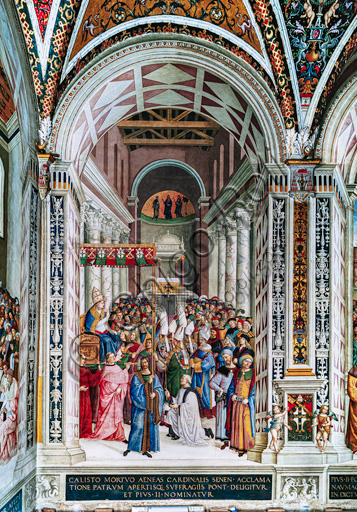 The Piccolomini Library, south west wall: “Aeneas Sylvius, elected pope with the name of Pius II, enters St. Peter’s, September 3, 1458”, the seventh one of the ten stories about Aeneas Sylvius Piccolomini, future Pope Pius II, (1503 - 1508), fresco  by Bernardino di Betto, known as Pinturicchio.
