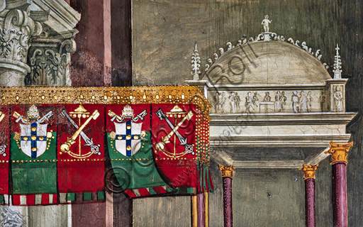 The Piccolomini Library, south west wall: “Aeneas Sylvius, elected pope with the name of Pius II, enters St. Peter’s, September 3, 1458”, the seventh one of the ten stories about Aeneas Sylvius Piccolomini, future Pope Pius II, (1503 - 1508), fresco  by Bernardino di Betto, known as Pinturicchio. Detail of the the edge of the baldachin with the emblem of the Piccolomini and the Petrine keys.