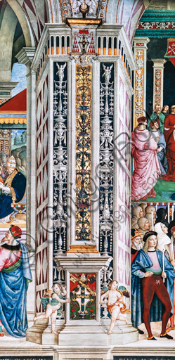 The Piccolomini Library, south-west wall: pilaster between  the eighth scene and the ninth scene of the ten stories about Aeneas Sylvius Piccolomini, future Pope Pius II, (1503 - 1508), frescoes  by Bernardino di Betto, known as Pinturicchio. In the dado, the Piccolomini emblem surmounted by the papal tiara and supported by two putti.