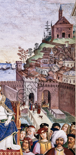 The Piccolomini Library, south west wall: “ Pius II blessing the fleet about to leave from Ancona for the Holy Land”, the last one of the ten stories about Aeneas Sylvius Piccolomini, future Pope Pius II, (1503 - 1508), fresco  by Bernardino di Betto, known as Pinturicchio.  Detail  of the walls of Ancona and the Cathedral of St. Ciriaco.