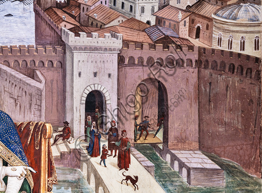 The Piccolomini Library, south west wall: “ Pius II blessing the fleet about to leave from Ancona for the Holy Land”, the last one of the ten stories about Aeneas Sylvius Piccolomini, future Pope Pius II, (1503 - 1508), fresco  by Bernardino di Betto, known as Pinturicchio.  Detail with part of the walls of Ancona.