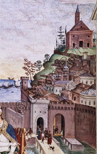 The Piccolomini Library, south west wall: “ Pius II blessing the fleet about to leave from Ancona for the Holy Land”, the last one of the ten stories about Aeneas Sylvius Piccolomini, future Pope Pius II, (1503 - 1508), fresco  by Bernardino di Betto, known as Pinturicchio.  Detail  of the walls of Ancona and the Cathedral of St. Ciriaco.