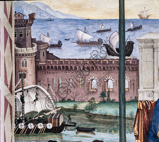 Libreria Piccolomini, parete sud-ovest: “Pio II , ad Ancona, benedice la flotta in procinto di salpare per la Terrasanta, 15 agosto 1464”, l’ultima delle dieci storie riguardanti Enea Silvio Piccolomini, futuro papa Pio II, (1503 - 1508), affresco di Bernardino di Betto, detto il Pinturicchio. Particolare del porto di Ancona e di navi all’ancora.