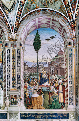 The Piccolomini Library, south west wall: “ Pius II blessing the fleet about to leave from Ancona for the Holy Land”, the last one of the ten stories about Aeneas Sylvius Piccolomini, future Pope Pius II, (1503 - 1508), fresco  by Bernardino di Betto, known as Pinturicchio.