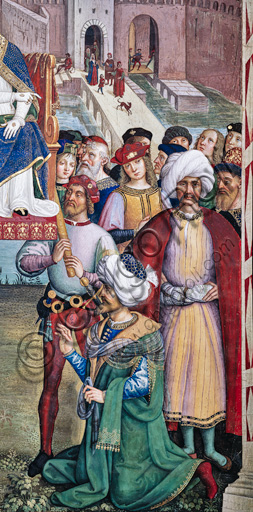 Libreria Piccolomini, parete sud-ovest: “Pio II , ad Ancona, benedice la flotta in procinto di salpare per la Terrasanta, 15 agosto 1464”, l’ultima delle dieci storie riguardanti Enea Silvio Piccolomini, futuro papa Pio II, (1503 - 1508), affresco di Bernardino di Betto, detto il Pinturicchio. Particolare con figure orientali che indossano turbanti. La figura in giallo è il Principe Djem, detto il “Turchetto”, quella il verde è Hassan Zaccaria, principe di Samo.