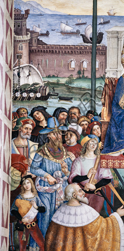 The Piccolomini Library, south west wall: “ Pius II blessing the fleet about to leave from Ancona for the Holy Land”, the last one of the ten stories about Aeneas Sylvius Piccolomini, future Pope Pius II, (1503 - 1508), fresco  by Bernardino di Betto, known as Pinturicchio.  Detail with, at the centre, the blue dressed man Thomas Palaeologus, despot of the Morea.
